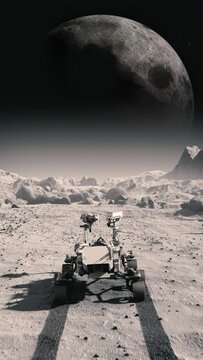 Mars rover moving across space planet surface toward the Moon, footage by NASA