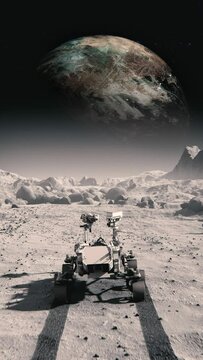 Motor vehicle traveling across the Moon surface toward space planet far away, footage by NASA