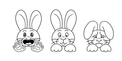 Set of Monochrome picture, cute little bunnies in cartoon style, offended rabbit, fluffy cute bunnies. Vector