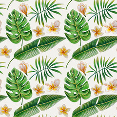 Seamless pattern of tropical leaves and flowers drawn with colored pencils on a light background. For fabric, sketchbook, wallpaper, wrapping paper.