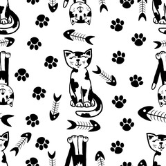 Naklejka premium A funny cat seamless pattern in black and white, a sketchy cat and paw prints and fish bones scattered around