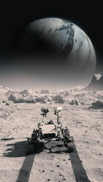 NASA's Mars rover traveling across the Moon surface toward space planet in the background