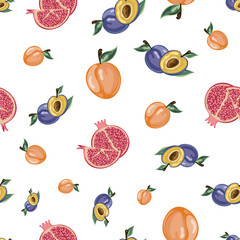 Summer fruits on a white background seamless pattern, a collection of ripe healthy ripe fruits: pomegranate, apricot, plums