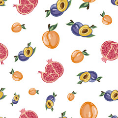 Summer fruits on a white background seamless pattern, a collection of ripe healthy ripe fruits: pomegranate, apricot, plums