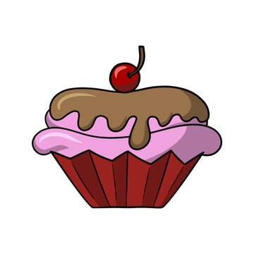 Big delicious cake, Pink delicious cupcake with delicate chocolate cream and cherry berry, vector
