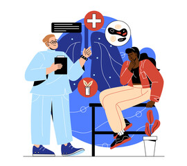 Respiratory illness concept. Doctor assesses health of patient. Man checks her lungs for viruses. Asthma and tuberculosis, breathing problems, regular visit. Cartoon flat vector illustration