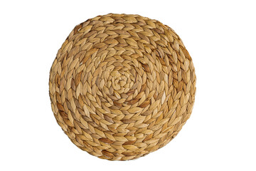 Kitchen decor round straw wicker stand, serving raffia place mat on isolated background. Tropical...