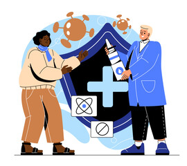 Respiratory illness concept. Doctor hands man drops for respiratory problems. Pharmaceutical, medical poster or banner for website. Specialist and patient, drugs. Cartoon flat vector illustration