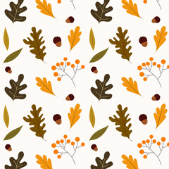 Autumn decorative seamless pattern with acorns and seasonal elements, plants, leaves. Seamless pattern for decoration, fabric, diary. Vector illustration
