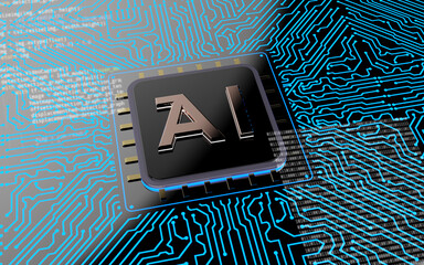 3D Rendering Glowing Ai artificial intelligence technology Chipset CPU on circuit board. electronic and technology Concept.
