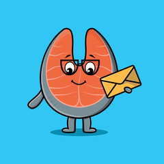Cute cartoon fresh salmon holding envelope with cartoon vector illustration style