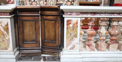 Santa Maria in Transpontina Church Interior Detail with Wooden Gate and Marble Balustrade in Rome, Italy