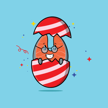 Cute cartoon fresh salmon character coming out from easter egg look so happy in illustration cartoon style