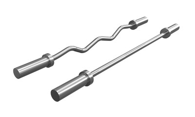 EZ and straight Curl bars isolated on white background, stainless steel gym equipment. 3D Rendering