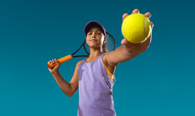 Tennis player. Beautiful girl teenager and athlete with racket in pink sporswear and hat on tennis...
