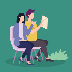 Vector illustration background of two young male and female worker holding a paper and discussing about work together at the office. Job discussion concept Graphic design vector illustration