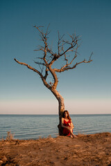 Lonely girl on a cliff near a dying tree