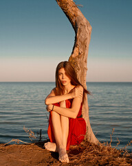 Lonely girl on a cliff near a dying tree