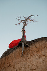 Lonely girl on a cliff near a dying tree