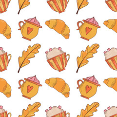 Vector seamless pattern with croissant and cups of cocoa. Colorful cute background in autumn colors