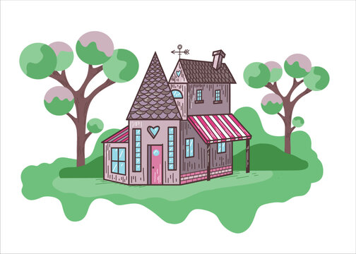 Cozy house vector illustration with trees, bushes and lawn. Cute forest house, children's illustration for prints, cards, decor.
