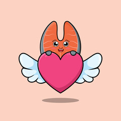 cute cartoon fresh salmon character hiding heart in flat cartoon style illustration