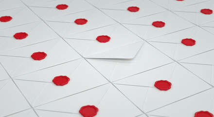 Open white envelope among many envelopes with red seals, 3d render