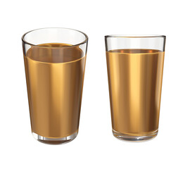Two glass glasses with golden liquid on a white background, 3d render