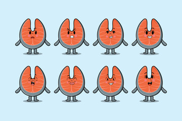 kawaii fresh salmon cartoon character with expressions of cartoon face vector illustrations