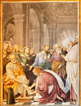VARALLO, ITALY - JULY 17, 2022: The renaissance fresco Jesus washing the apostles' feet in the church Chiesa Santa Maria delle Grazie  by Gaudenzio Ferrari (1513).