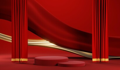 3D rendering of blank product background for cream cosmetics Modern red podium background
