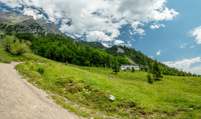 Fototapeta na wymiar Tirol Mountain Chain with a small shed place on the rocks