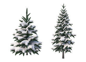  Trees and mountains in winter on a white background with clipping paths.