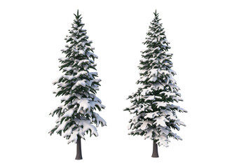  Trees and mountains in winter on a white background with clipping paths.
