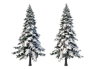  Trees and mountains in winter on a white background with clipping paths.