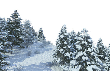 Trees and mountains in winter on a white background with clipping paths.