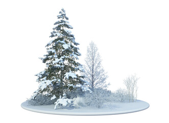 Trees and mountains in winter on a white background with clipping paths.