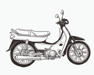 vintage underbone motorcycle doodle illustration with outline

