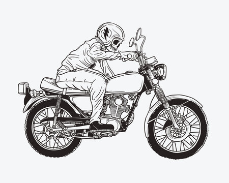 vintage skull biker with old motorcycle illustration
