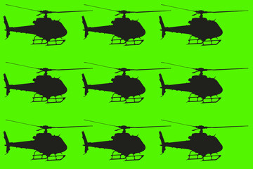 Illustration with silhouette of helicopters on green background.