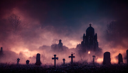 Gloomy night cemetery, stone monuments. Sky with clouds, fog. Dramatic scene for Halloween background. 3D illustration