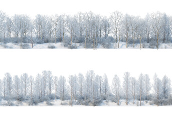 Trees and mountains in winter on a white background with clipping paths.