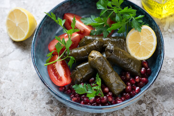 Dolma or stuffed grape leaves served with pomegranate seeds, red tomatoes, fresh parsley and lemon...