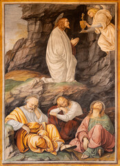 VARALLO, ITALY - JULY 17, 2022: The renaissance fresco of prayer of Jesus in Gethsemane garden in...