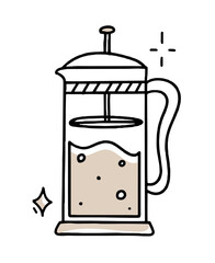 French press doodle Clipart in black and beige Vector illustration in hand drawn style