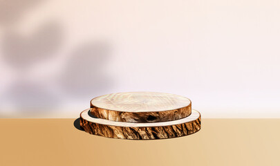 round modern wood slice podium for product presentation over neutral beige background