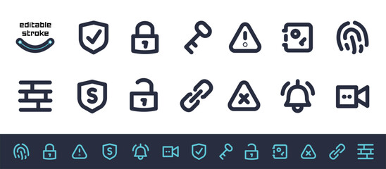 Mini security icon-set with editable stroke. Vector illustration small addon symbols with safety, security, surveillance, protection concept.