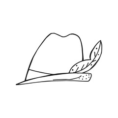 Oktoberfest 2022 - Beer Festival. Hand-drawn Doodle outline hat with a feather on a white background. German Traditional holiday.
