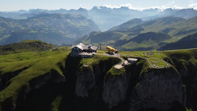 Aerial view of Summit restaurant Fronalpstock, Stoos, Switzerland.