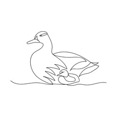 One line Duck and ducklings. Continuous line drawing. Isolated sketch on white background. Vector illustration